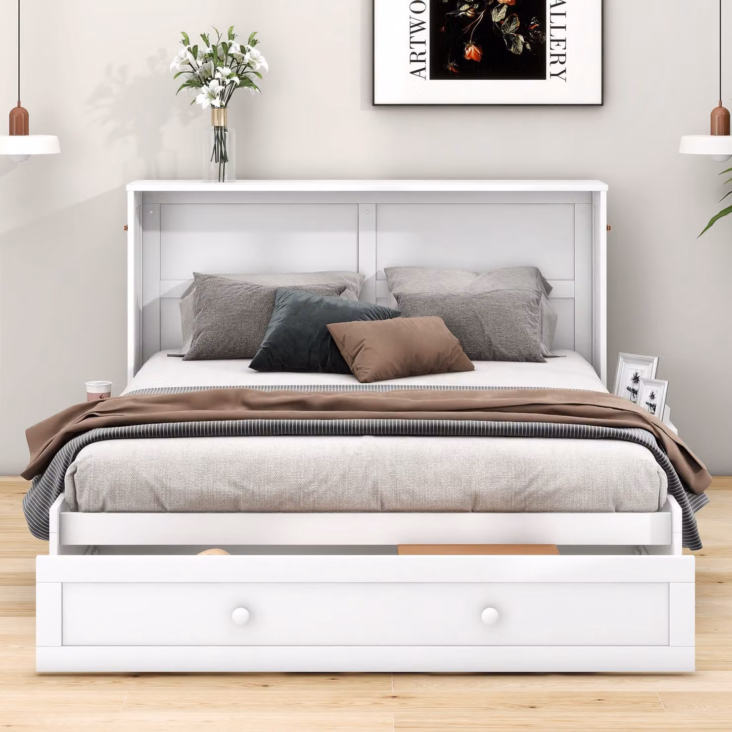 Letto in legno MODFU letto a piattaforma convertibile 140x200cm, letto in legno massiccio con ripiano e cassetti, letto armadio mobile, bianco (senza materasso)