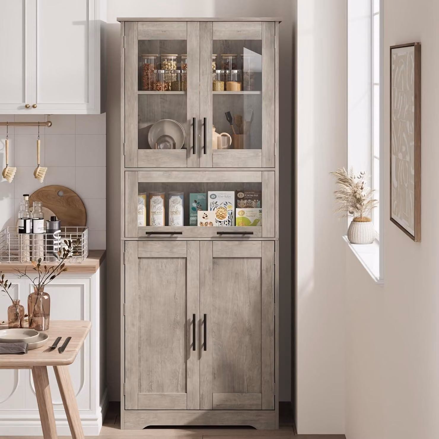 Armadio da cucina, mobile alto, 170 cm, grigio, legno, 2 ante in legno, 2 ante in vetro, 4 scomparti, cassetto estraibile