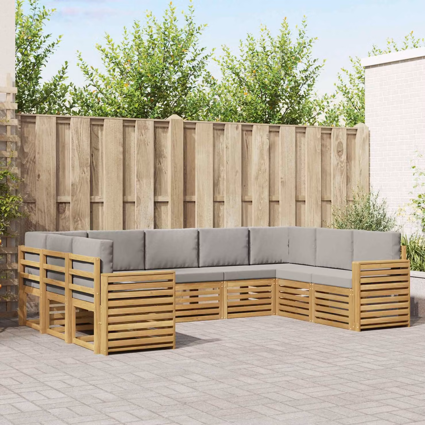 Set di divani angolari vidaXL in legno di acacia massello con cuscini marroni e grigi per giardino e terrazzo