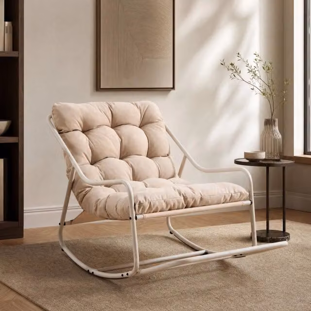 Sedia a dondolo da esterno moderna MODFU con cuscino spesso in acciaio, colore beige, L: 75 cm, P: 116 cm, H: 82 cm – 1