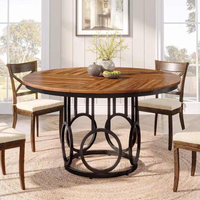 Tavolo da pranzo rotondo Tribesigns per 4 persone, tavolo da pranzo rustico da 120 cm con base in metallo, tavolo da cucina rotondo per cucina, soggiorno, sala da pranzo (marrone)