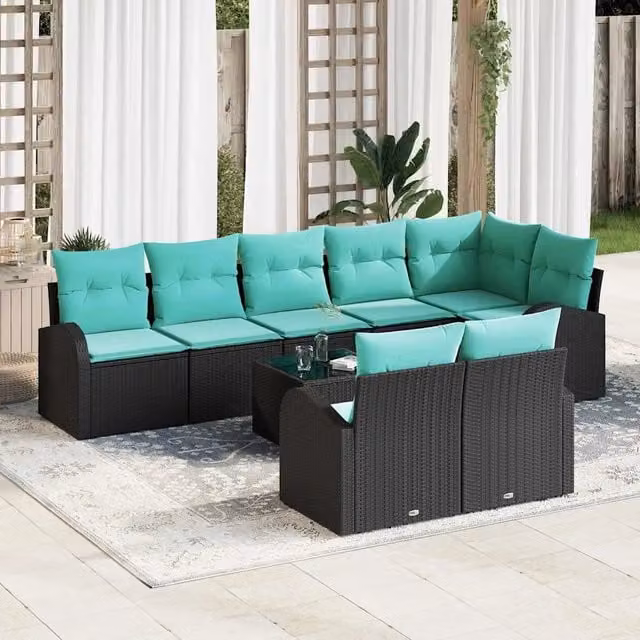 Set Divano da Giardino 9 pz Nero e Turchese polyrattan 3354775