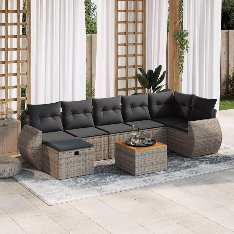 Set Divano da Giardino vidaXL 8 pz in Polyrattan Grigio e Marrone con Cuscini e Tavolino