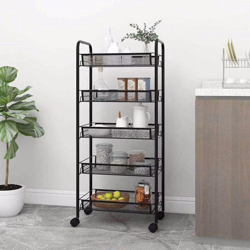 vidaXL Carrello da Cucina Moderno in Metallo Nero con 5 Ripiani e Ruote L/P/H: 46 x 26 x 105 cm
