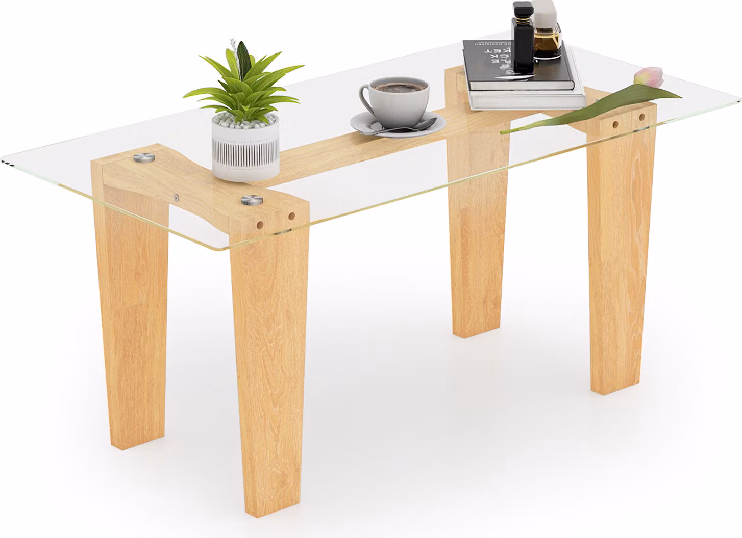 Tavolino da caffè COSTWAY con piano in vetro, tavolo centrale rettangolare da 100 cm con gambe in legno massiccio di gomma, tavolo da cocktail minimalista nero