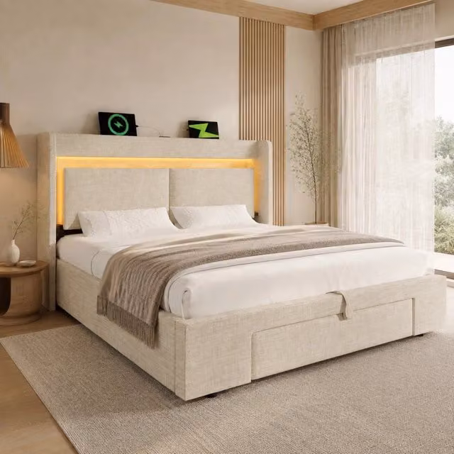Letto contenitore imbottito ULEVR 140x200 cm con testiera portaoggetti, LED, USB e USB-C, beige in lino