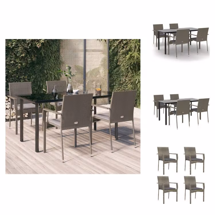 vidaXL Set da pranzo da giardino 5 pezzi con cuscini in poly rattan nero e grigio - Set di mobili da giardino