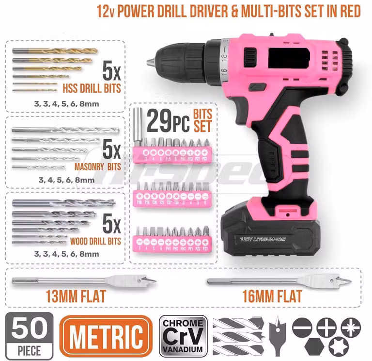 Avvitatore a batteria - Trapano avvitatore compatto da 12V con illuminazione a LED e set - Rosa