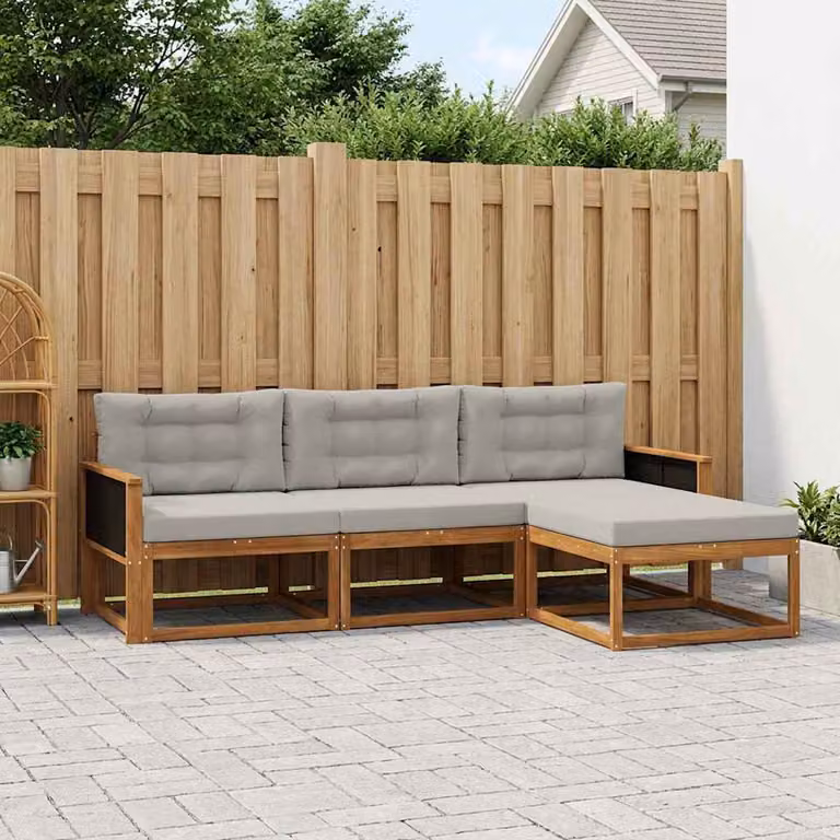Set di divani da esterno vidaXL in legno di acacia con pouf e cuscini, composizione a L, marrone e grigio
