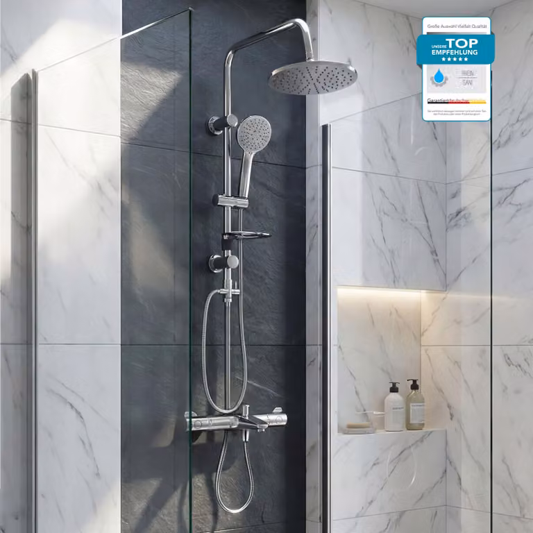 GROHE Miscelatore doccia Grohtherm 800, sistema doccia con miscelatore vasca e soffione doccia BELVIT, doccetta da 20 cm grigia e asta doccia, 3 tipi di acciaio cromato