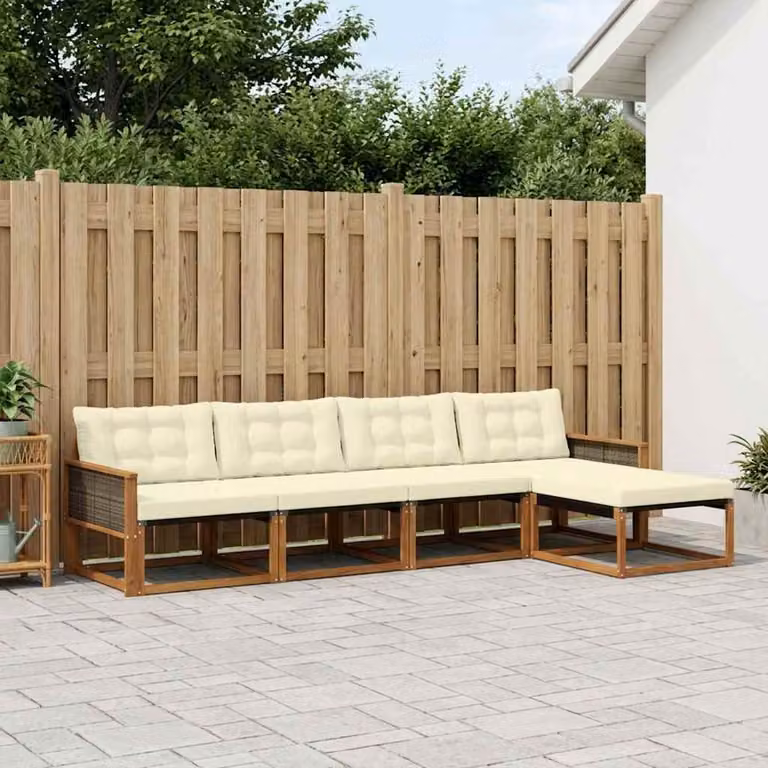 Set di divani da esterno vidaXL a forma di L composto da 5 pezzi in legno di acacia con cuscini in textilene, colori beige, bianco e marrone