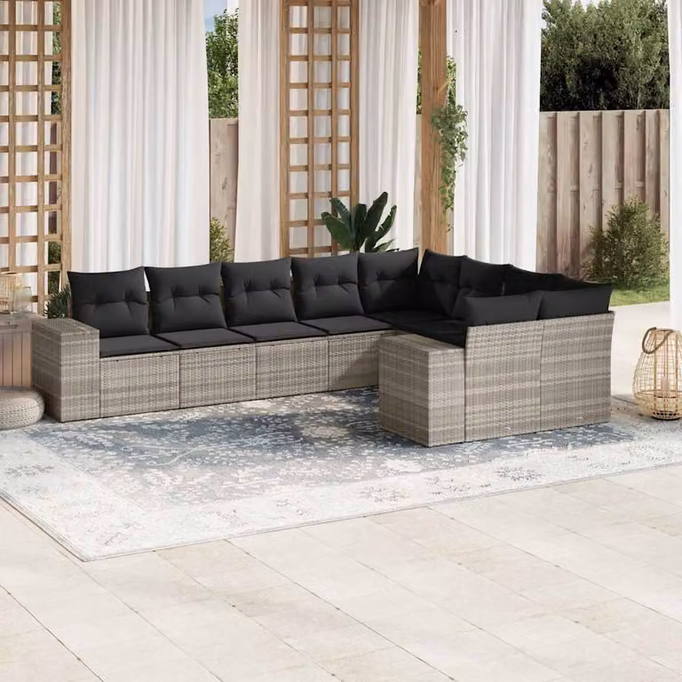 Set Divano da Giardino a L vidaXL 9pz con Cuscini Grigio con Struttura in Metallo e Polyrattan