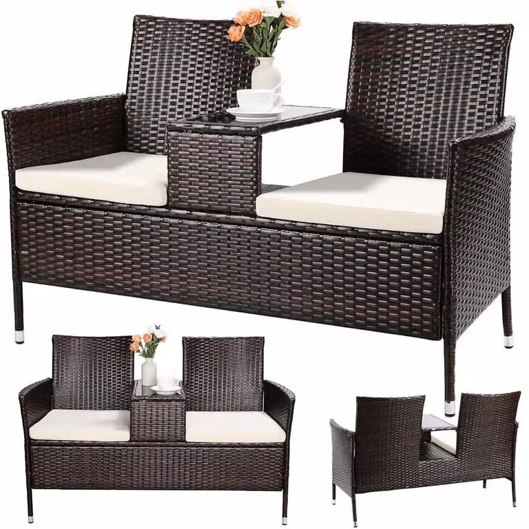 Set di mobili da giardino in rattan sintetico: divano da esterno a 2 posti con tavolino, struttura in metallo, cuscini lavabili, tavolino con piano in vetro temperato, colore marrone con cuscini beige