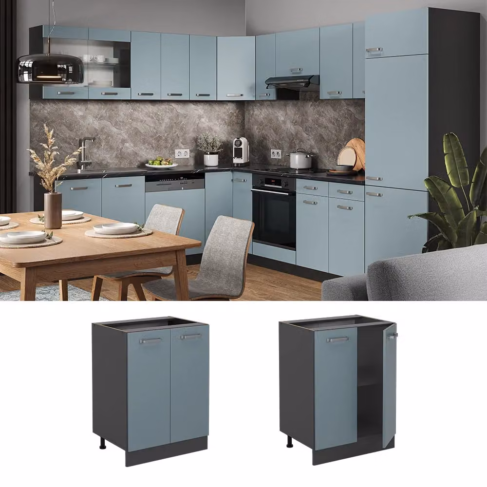 Mobiletto base cucina Vicco R-Line moderno in legno e metallo, colore antracite e blu, con ante a battente e ripiani interni, L: 60 cm, H: 81,6 cm, P: 46 cm – 2