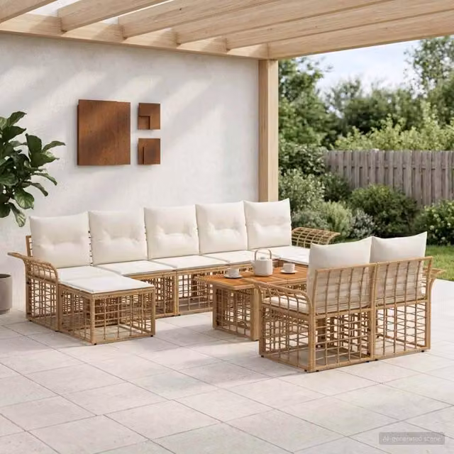 Set Divano da Giardino 10 pz Naturale e Bianco Crema polyrattan 3438018