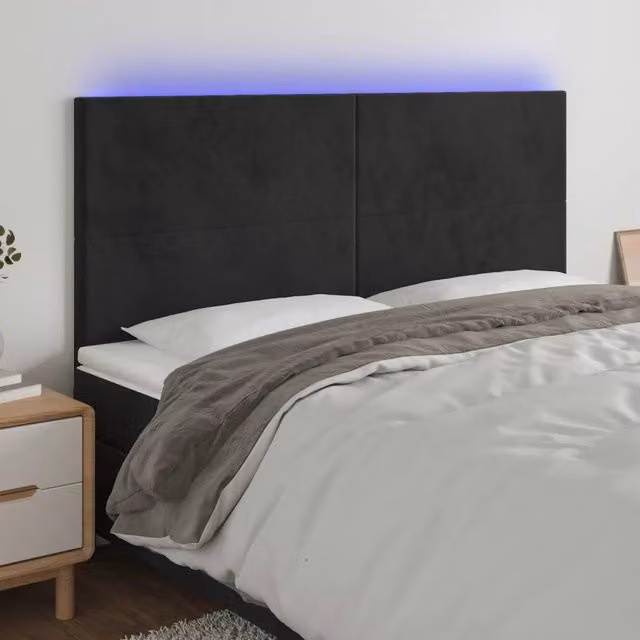 Testiera con LED Design Mania in Velluto Nero con Porte USB e Luci Integrate L/P/H: 200 x 5 x 118/128 cm