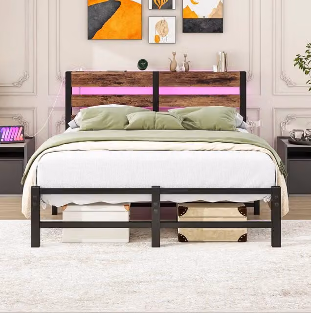 Letto in metallo 120x200 cm con LED RGB, USB e spazio contenitivo