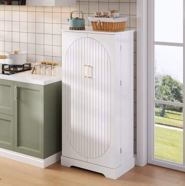 Credenza da cucina bianca 60x35x128 cm con luce LED sensore e ripiani regolabili