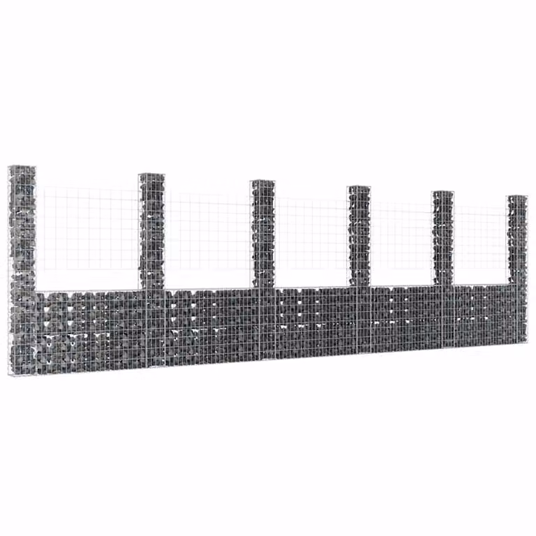 vidaXL Gabbione a U in metallo grigio con 6 pali in ferro L: 620 cm, P: 20 cm, H: 200 cm