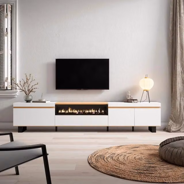 Mobile TV Soggiorno, 288x57x35 cm, TV di grande formato, Camino elettrico, Design industriale, Bianco e Rovere soft