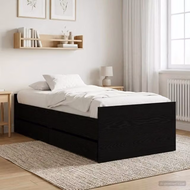 Struttura letto moderno vidaXL in legno ingegnerizzato con cassetti, colore rovere e nero, L/P/H: 200 x 160 x 83 cm