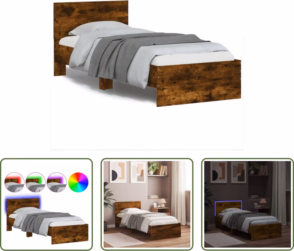 The Living Store Struttura letto con testiera e luci LED rovere fumé 90x200cm