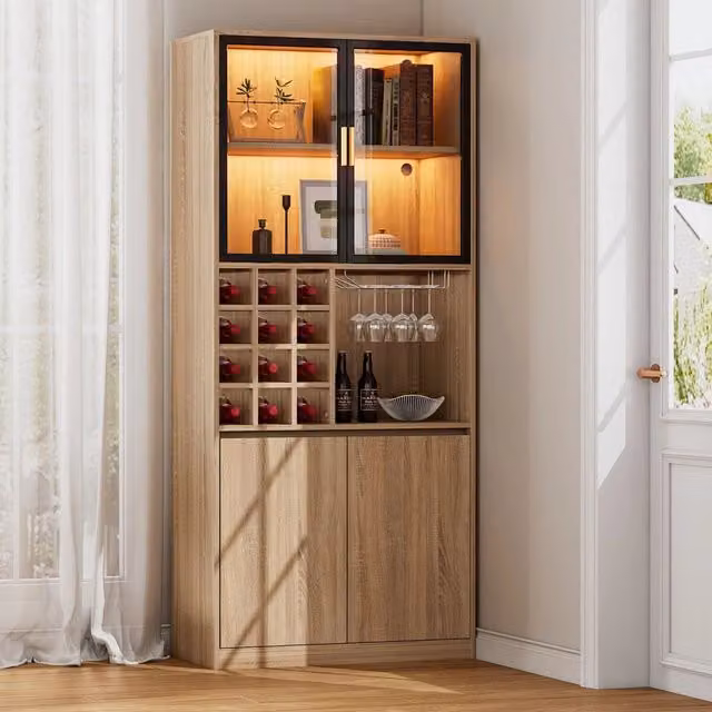Vetrina con ante in vetro, ripiani aperti, LED a 3 colori e portabicchieri rimovibile, in MDF naturale, 80 × 40 × 180 cm