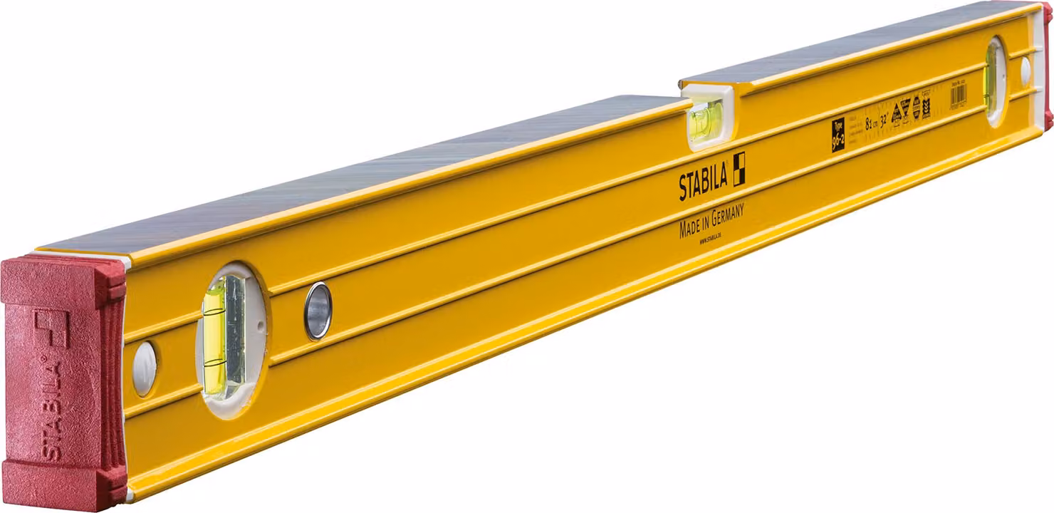 Livella a bolla STABILA tipo 96-2, 81 cm, profilo in alluminio extra rigido, 1 livella orizzontale, 2 livelle verticali, tappi terminali antiurto, fermi antiscivolo integrati, Germany, gialla