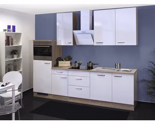 Mobile cucina con elettrodomestici Flex Well Valero 280 cm colore frontale bianco lucido colore mobile rovere sonoma