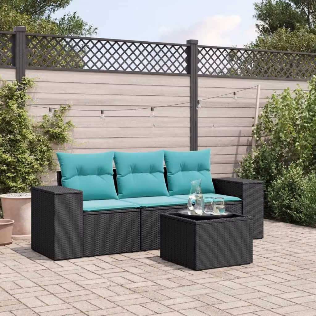 Set da giardino vidaXL in polyrattan nero composto da 4 pezzi con cuscini e tavolino