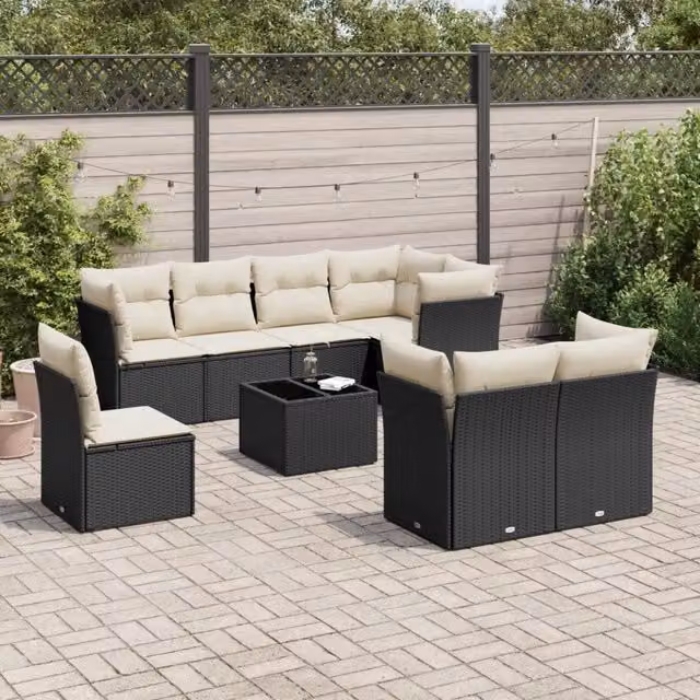 Set Divani da Giardino 9 pz con Cuscini Nero in Polyrattan 3217936