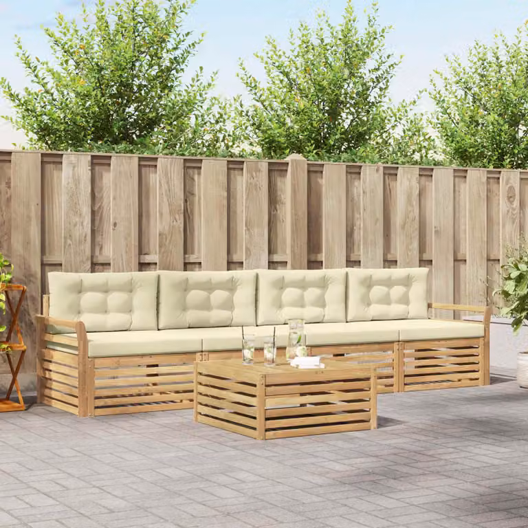 Set di divani da esterno vidaXL in legno di acacia con tavolo da caffè, 5 pezzi, Bianco e Beige