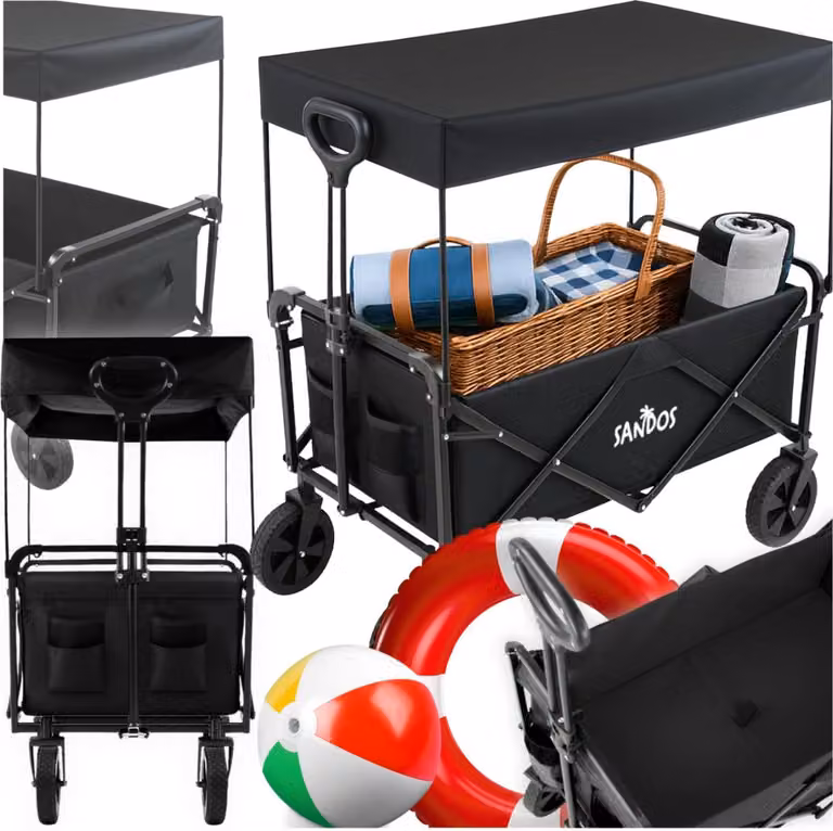 Passeggino da spiaggia con tettuccio, rimorchio, 100 kg, nero, pieghevole, per vacanze al mare