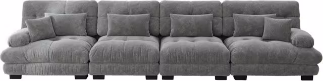 Divano angolare modulare 4 posti in chenille vintage grigio con seduta profonda, comodo e imbottito per soggiorno, appartamento o ufficio