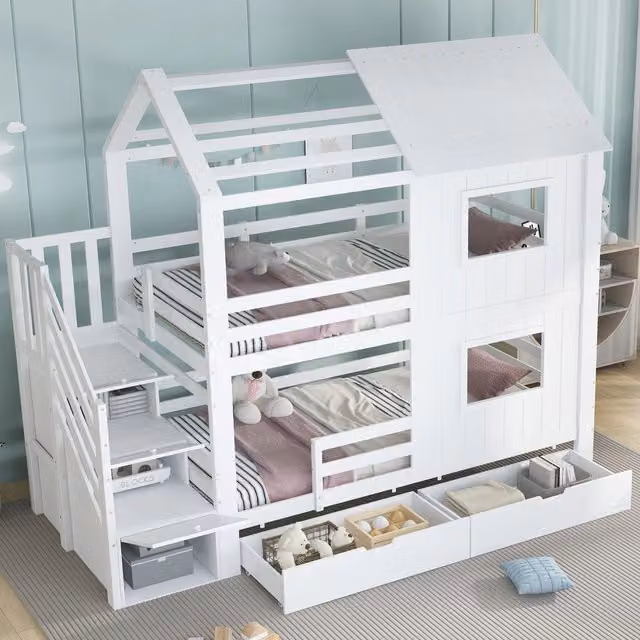 Letto a castello per bambini OKWISH in legno e MDF bianco con scala con ripiani e cassetto, L/P/H: 200 x 90 x 185 cm