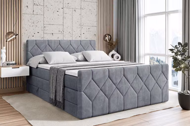 Letto boxspring ALTDECOR con pediera, 2 materassi e topper - 120x200 cm - CATOR-Z KING - Grigio velluto - Letto imbottito con materassi H3 e H4, contenitore e rete a doghe, letto con contenitore