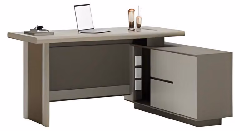Schreibtisch Grau und Beige mit Schubladen und Ablagefächern Büroorganisation
