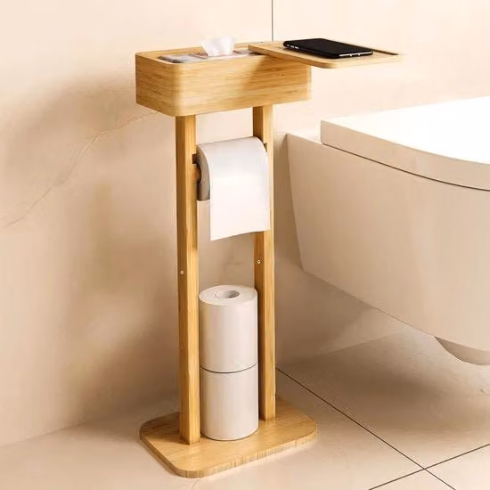Toilethouder in Bamboe con Cassetto e Box per Fazzoletti Umidi - Supporto per Toccoli in Piedi per Bagno