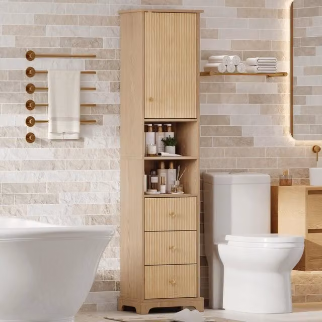ARMADIO Bagno 40x30x172 cm MDF colore naturale con 3 cassetti e ripiani aperti