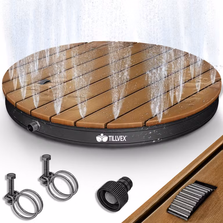 tillvex® doccia da giardino antracite - rotonda per esterni fino a 4 m di altezza della fontana | doccia a pavimento con ruota per piedi | doccia per esterni antiscivolo | doccia per sauna resistente alle intemperie | doccia da campeggio in alluminio/WPC/