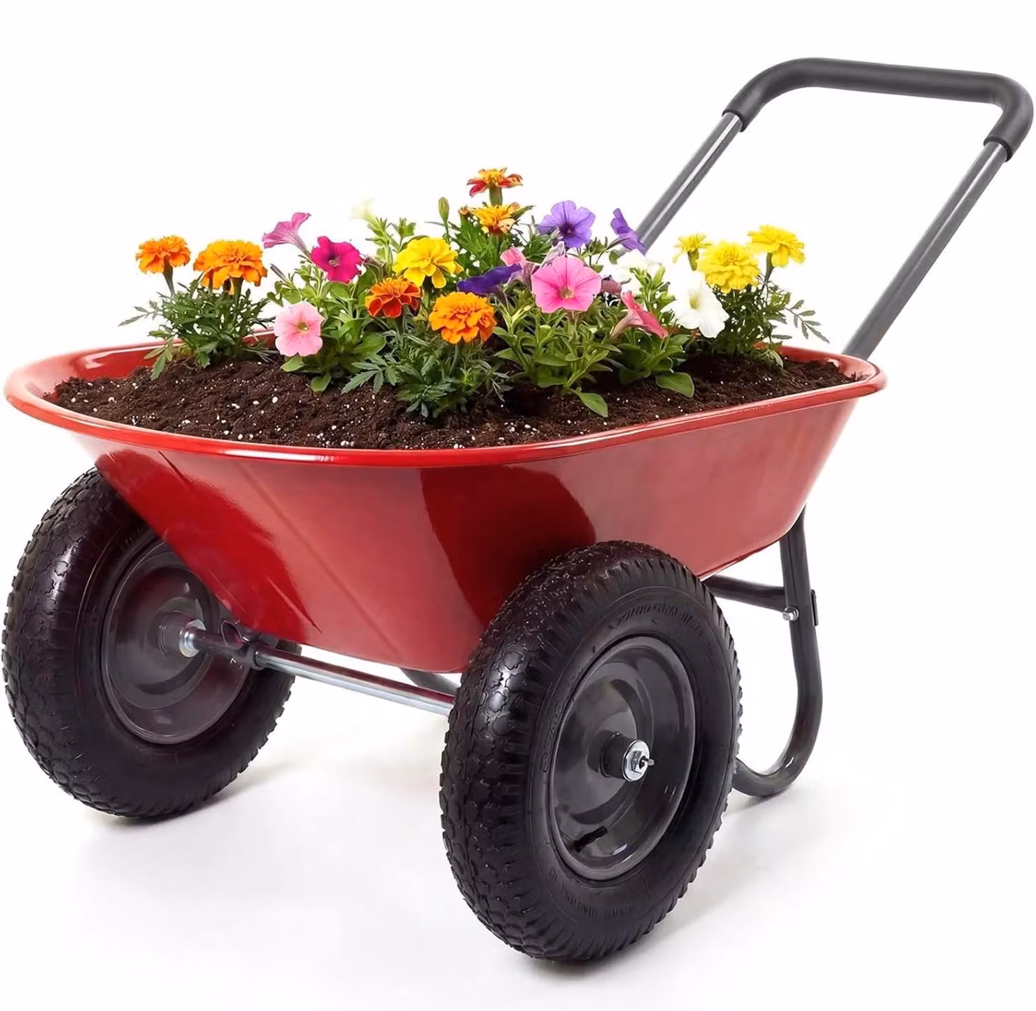 Carriola da giardino - Carriola per carichi pesanti con doppia ruota - Telaio in ferro - Carrello di trasporto con supporto - Per cortili e prati - Rossa