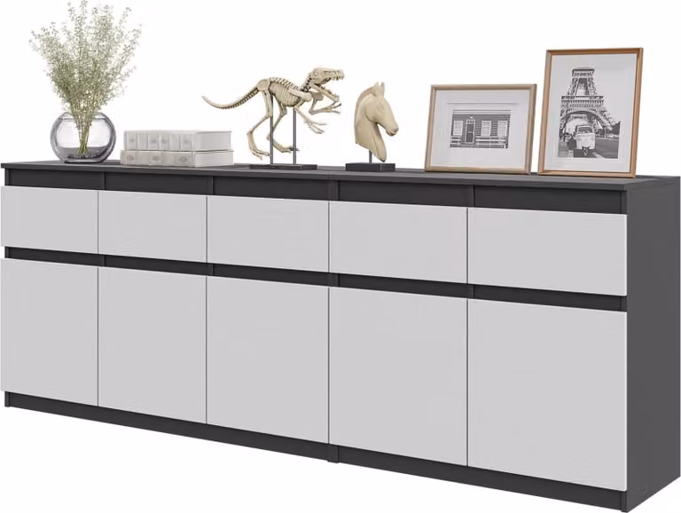 NOAH - Cassettiera con 5 cassetti e 5 ante - Cassettiera da camera da letto Mobile contenitore Credenza - Grigio antracite / Bianco opaco H75cm L200cm P35cm