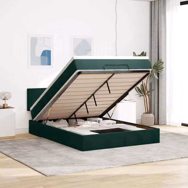 Letto con contenitore a sollevamento vidaXL in velluto verde con materasso a molle e porta USB, L: 140 cm, P: 200 cm, H: 88 cm