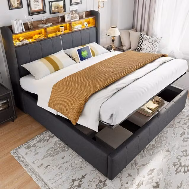 Letto matrimoniale imbottito con contenitore; LED; USB e Type-C; 160x200 cm; grigio