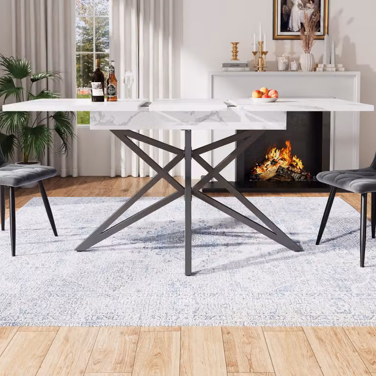 Tavolo da pranzo allungabile Sweiko 120 (160) x 80 cm, tavolo da cucina allungabile, tavolo da colazione, gambe del tavolo a forma di stella, gambe in ferro nero, piano del tavolo in legno di noce/imitazione marmo