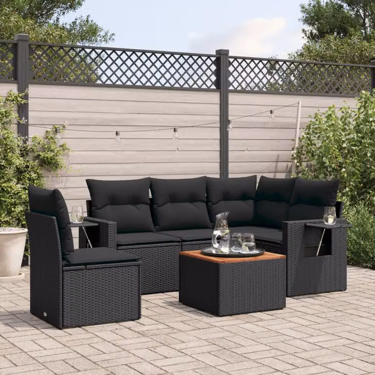 vidaXL Set Divano da Giardino a L 6 pz in Polyrattan Nero con Cuscini e Tavolino da Esterno