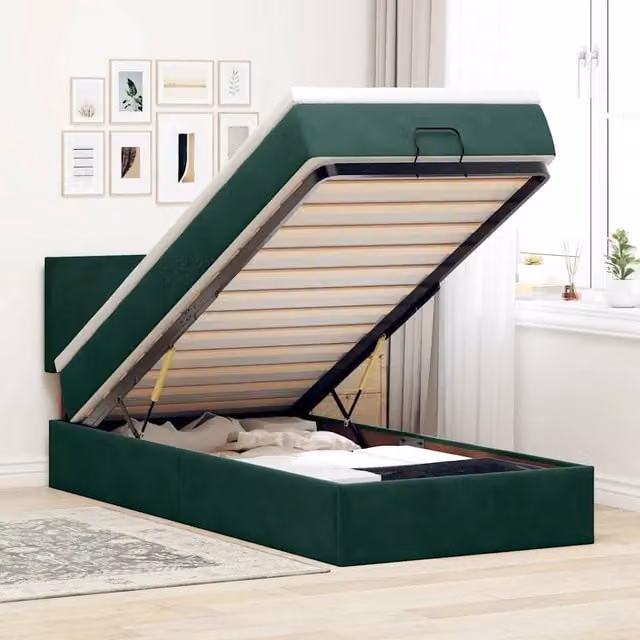 Letto con Pouf e Materasso vidaXL in Velluto Verde e Bianco L: 100 cm, P: 200 cm, H: 88 cm, 140 cm, 203 cm – 1