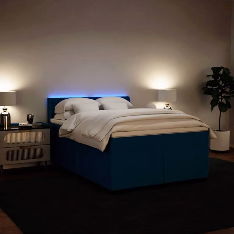 vidaXL Giroletto a Molle con Materasso Ibrido in Velluto Blu e Bianco L/P/H: 140 x 200 cm