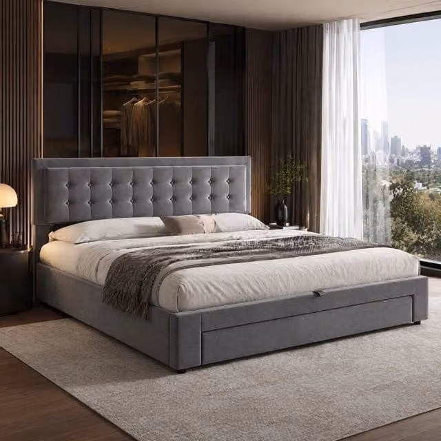 Letto contenitore 160x200 cm in velluto grigio con testiera regolabile