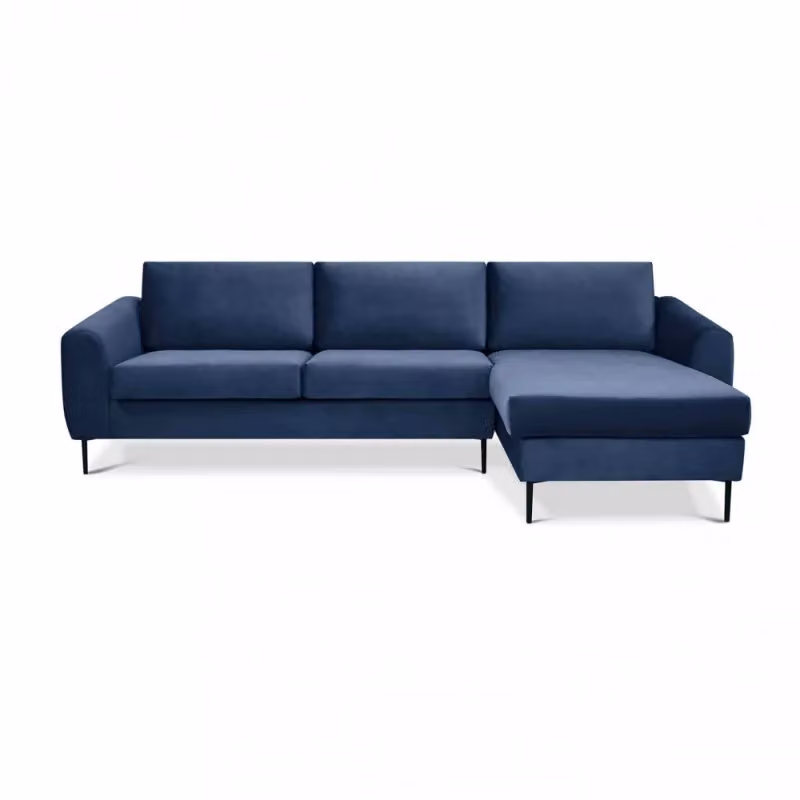 Divano con chaise longue Gregory Cosma in tessuto blu o grigio con struttura in metallo e cuscini inclusi – 2
